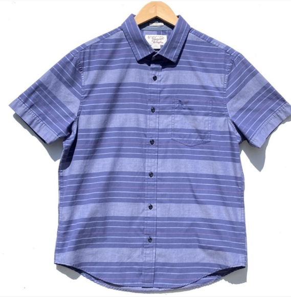 PENGUIN Mens Blue Striped Short Sleeve Button Front Shirt Size Large Slim Fit - Picture 2 of 11